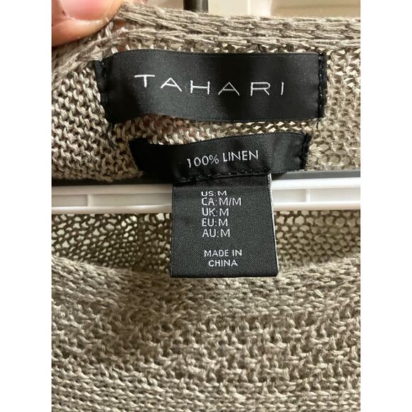 TAHARI 100% Linen Top Boho Taupe Gray Brown Medium BOHO 3/4 Sleeve - Picture 6 of 10